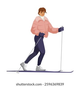 Woman skiing in winter outfit holding poles. Vector illustration