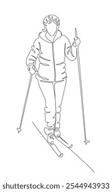 Woman skiing in winter season. Continuous line drawing. Black and white vector illustration in line art style.