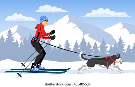 Woman skijoring with her dog . Winter Mountain landscape