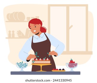 Eine Frau ziert gekonnt einen Kuchen mit frischen Beeren und Belägen auf einem Küchentresen, eine weibliche Figur zeigt Kreativität und Präzision in ihrer kulinarischen Kunst. Cartoon Menschen Vektor-Illustration