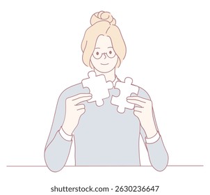 A woman skillfully shows her problemsolving skills with colorful puzzle pieces, symbolizing teamwork and connection