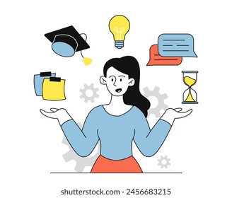 Woman with skills doodle. Girl with graduation hat, coghweel and light bulb. Student with cognitive abilities. Creativity and art. Simple flat vector illustration isolated on white background