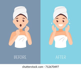 Woman skin care. Before and after face treatment. Facial skin problems flat illustration