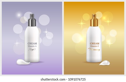 Woman skin care products collection, morning and night lotions designed for ladies, containers with liquids vitamin A C isolated on vector Illustration