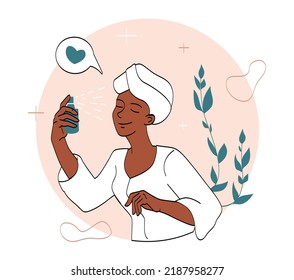 Woman skin care. Young girl applies cosmetic product, spray on her face. Fight wrinkles and blackheads. beauty and health, hygiene. Spa treatments and procedures. Cartoon flat vector illustration