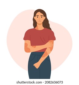 Woman with skin disease concept. Skin rash, psoriasis, dermatitis or eczema flat style vector illustration.	