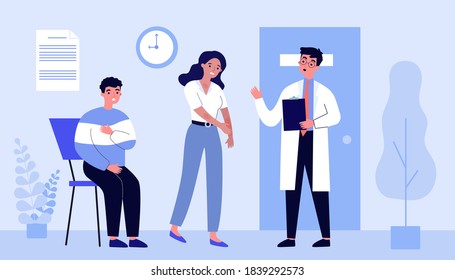 Woman with skin disease vising doctor. Hospital, discomfort. Flat vector illustration. Health concept can be used for presentations, banner, website design, landing web page