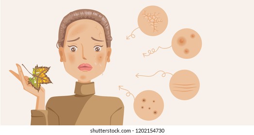 woman with skin problem on. Girl with acne On face. Facial of beauty. cosmetic and Makeup, Treatment healthy of skin. Vector illustrations isolated on white background.