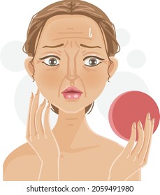 Woman skin problem with wrinkles. Stressed girl looking in the mirror