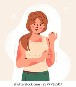 Woman with skin problem. Young girl scretching her hand. Acne and allergy. Healthcare and medicine, skincare. Character suffer from red spots at skin. Cartoon flat vector illustration