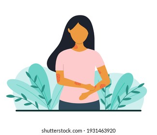 Woman with skin problems. Psoriasis or eczema concept. Flat style vector illustration.