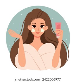 Woman skincare beauty daily routine. Young girl with moisturise face skin. Flat vector