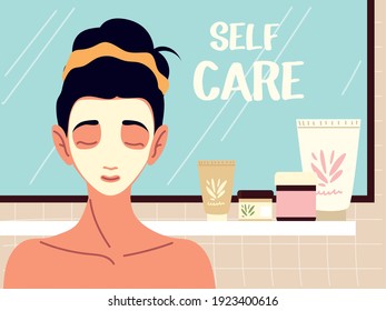 woman with skincare cream facial self care products vector illustration