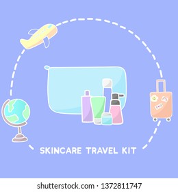 Woman Skincare Kit. Cleansing , Face Cream, Eye Cream, Toner And Body Lotion In Travel Size. Cartoon Version