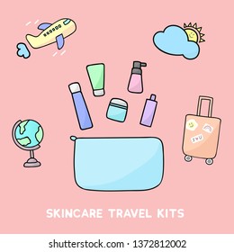 Woman Skincare Kit. Cleansing , Face Cream, Eye Cream, Toner And Body Lotion In Travel Size. Illustration Of The Doodle Designs