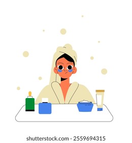 Woman With Skincare Products In Flat Vector Illustration Symbolizing Beauty, Self Care, And Skin Treatment, Isolated On White Background
