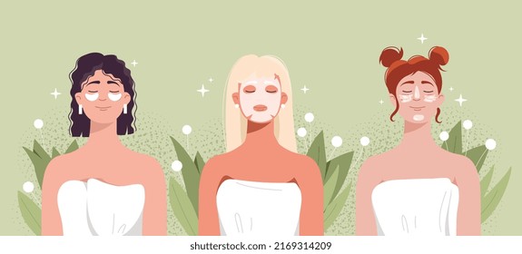 Woman skincare routine. Girls apply cosmetics, face masks. SPA procedure, care for health and youth in skin. Wrinkles and blackheads. Natural and organic preparations. Cartoon flat vector illustration