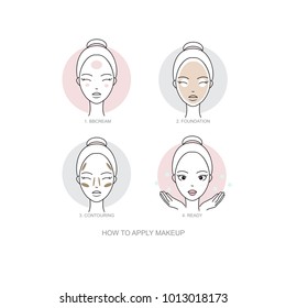 Woman skincare routine Icon collection. Steps how to apply face make-up. Vector isolated illustrations set.