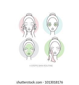 Woman skincare routine Icon collection. Steps how to remove face make-up. Vector isolated illustrations set.