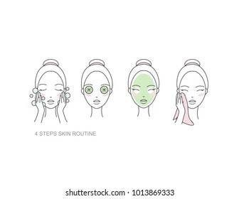 Woman skincare routine Icon collection. Steps how to remove face make-up. Vector isolated illustrations set.