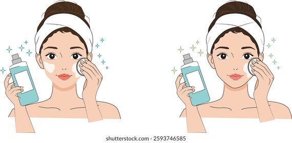 Woman Skincare Routine Vector. Flat design girl cleaning face. Beauty, cosmetic, healthy skin care