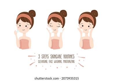 Woman with skincare routines steps, cleansing, face washing, moisturizing, vector illustration.