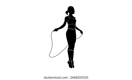 woman with skipping rope, black isolated silhouette