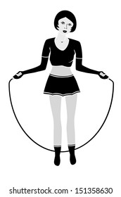 Woman with skipping rope in hands black white and gray