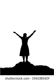 A woman in a skirt dress stands on the top of the mountain and raised her hands up. Vector silhouette.