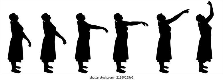 A woman in a skirt, dress stands still, moves her arms. The woman stands sideways and moves her hands from top to bottom. A set of silhouettes for animation. Female silhouettes isolated on white.