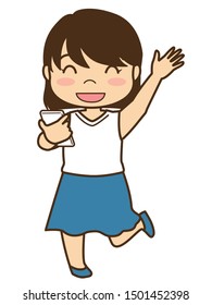 Woman in skirt happy with smartphone with one hand