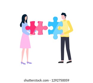Woman in skirt and man in casual clothes holding and connecting parts of colorful puzzle vector. Teamwork and solution of jigsaw, portrait view of people