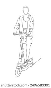 Woman in skirt riding electric scooter. Black and white vector in line art style.