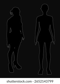 Uma mulher de saia está ao lado de um homem como silhuetas pretas sobre um fundo escuro. O forte contraste realça seus perfis e formas simples. A composição minimalista se concentra em seus.