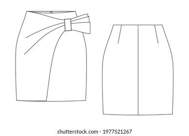 Woman skirt in vector graphic.
Mini skirt with bow knot and decorative folds.Fashion illustration isolated template.Clothing technical sketch. Front and back views.
