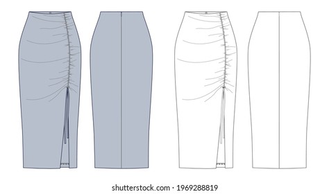 Woman skirt in vector graphic.
Pencil midi drawstring skirt with slit.Fashion illustration isolated template.Clothing technical sketch. Front and back views.
