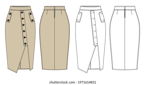 Woman skirt in vector graphic.Pencil wrap skirt with buttons, decorative pockets and slit.Fashion illustration isolated template.Clothing technical sketch. Front and back views.