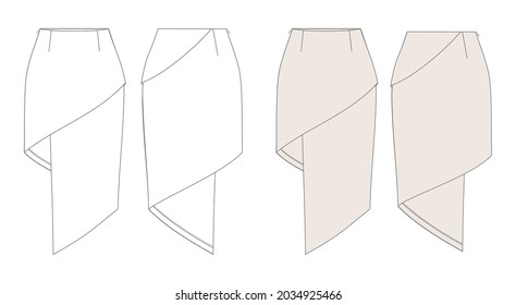 Woman skirt in vector graphic.
Pencil midi asymmetric skirt .Fashion illustration isolated template.Clothing technical sketch. Front and back views.
