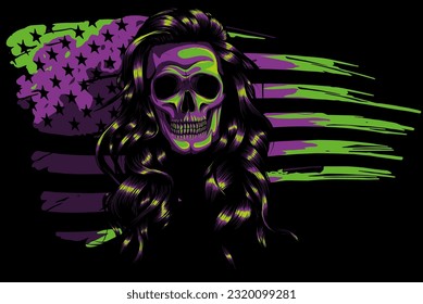 woman skull with american flag decor on black background. vector illustration design