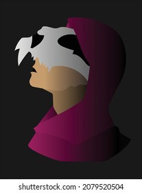 Woman and skull. Illustration of a portrait of a woman in a hood with an animal skull on her head. Vector solution. Silhouette. Color. Graphic elements. 