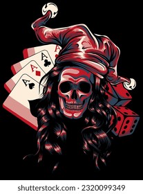 woman Skull in jester hat vector illustration on black background