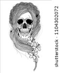 Woman skull with long braid hairstyle, lily flowers and spiders in hair. Gothic art.