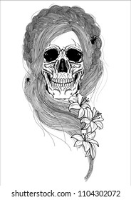 Woman skull with long braid hairstyle, lily flowers and spiders in hair. Gothic art.