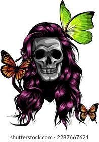 woman Skull with long hair and colored butterflies hand drawn vector illustration.