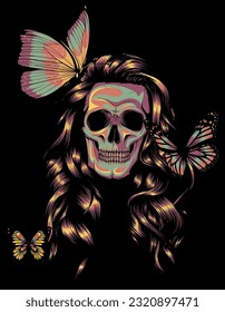 woman Skull with long hair and colored butterflies on black background vector illustration.