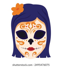 Woman with skull makeup and flower in her hair celebrating the day of the dead