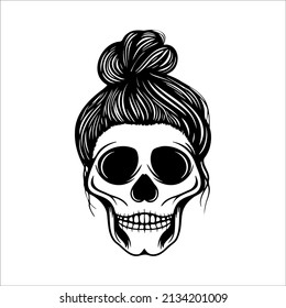 Woman Skull With Messy Bun Hair. Mom Life Boho