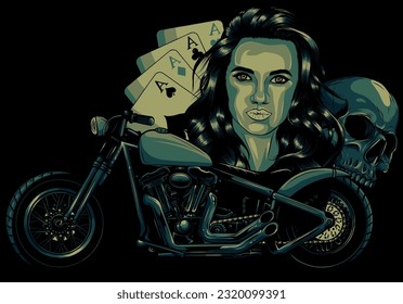 woman with skull and motorcycle on black background