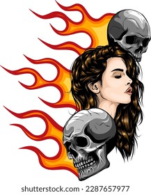 woman with skull on flames vector illustration.