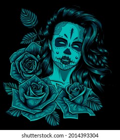 woman skull with roses vector illustration art
